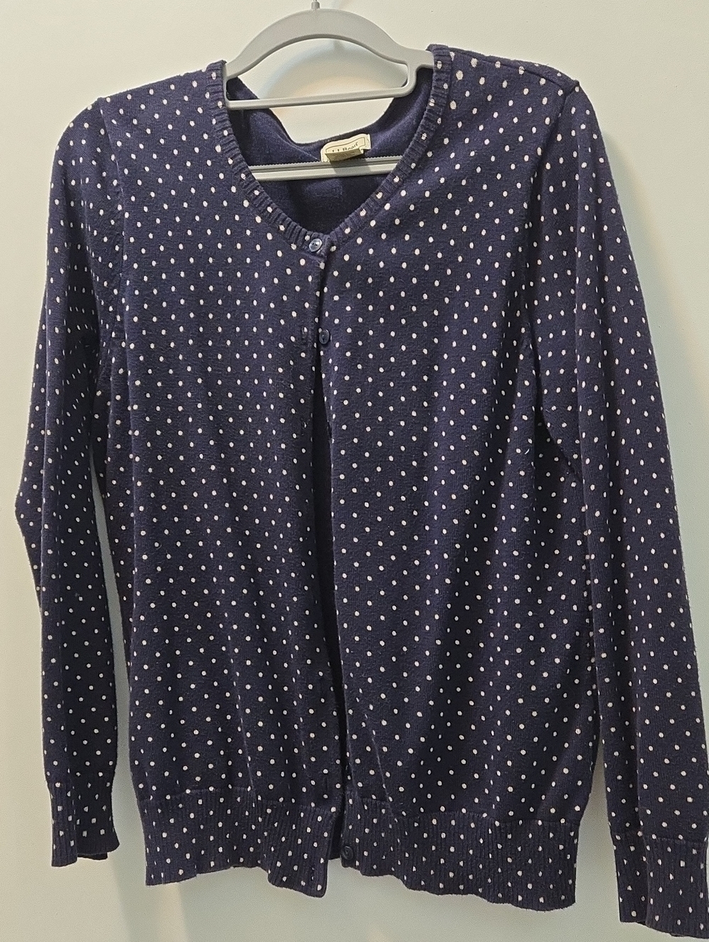 Vintage L.L. Bean Navy Cardigan with Beige Dot Pattern